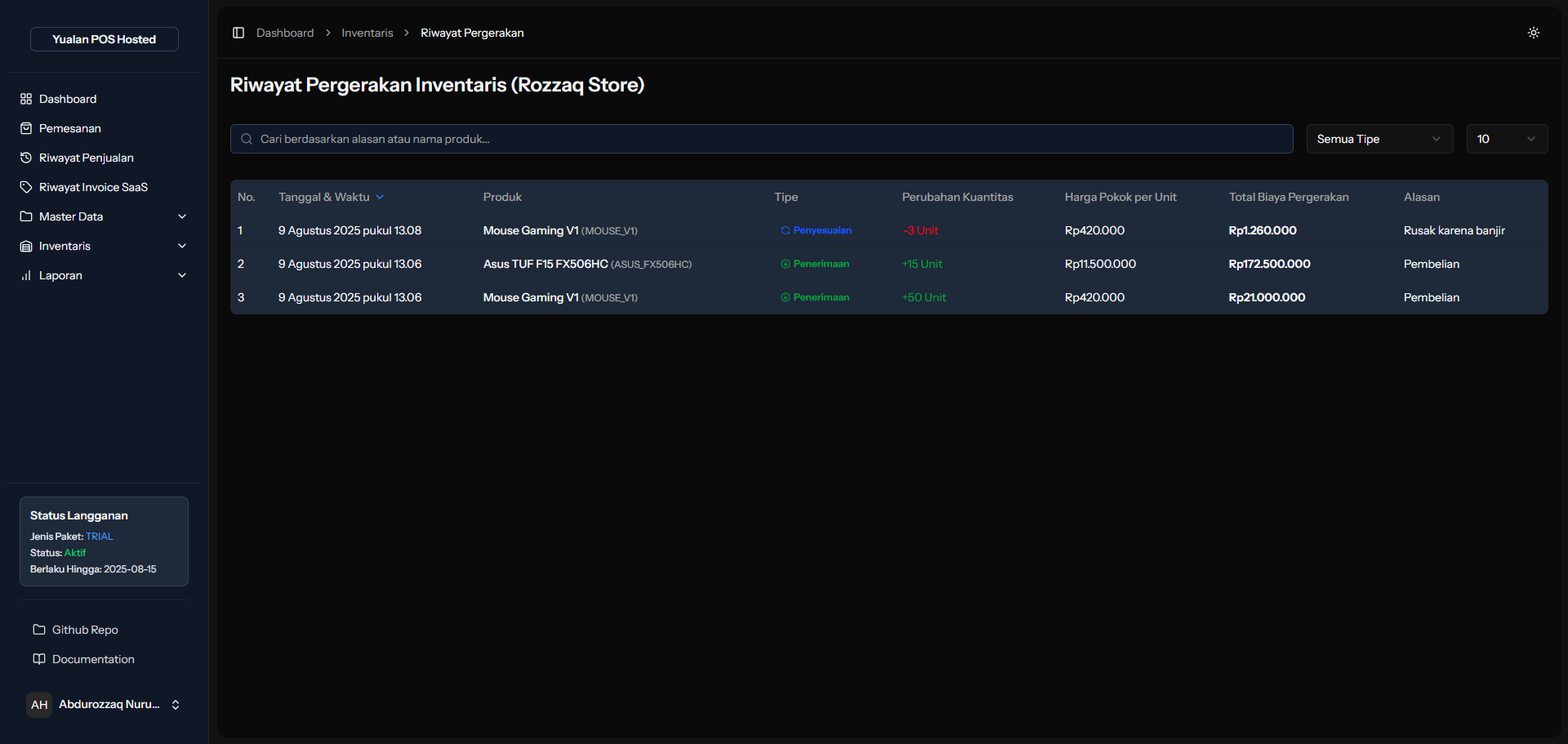 Screenshot Riwayat Pergerakan Inventaris